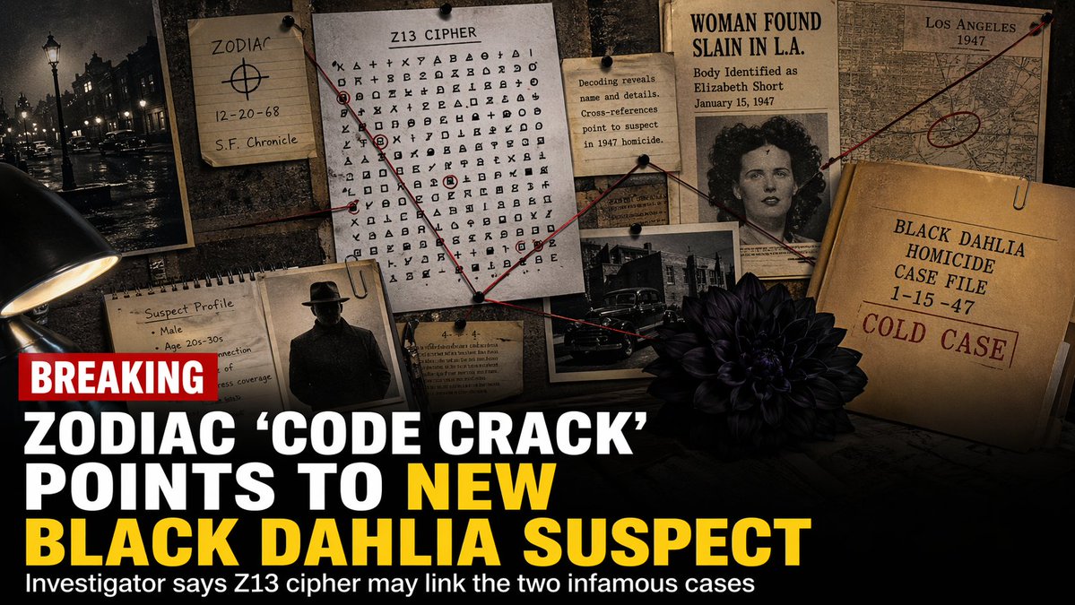 AltanHussa6826's tweet image. 🚨 Investigator claims the Zodiac Killer’s Z13 cipher identifies a suspect in the 1947 Black Dahlia murder of Elizabeth Short — a twist that could link two of America’s most infamous cases. Source: FoxNews #BreakingNews #TrueCrime #ZodiacKiller #BlackDahlia