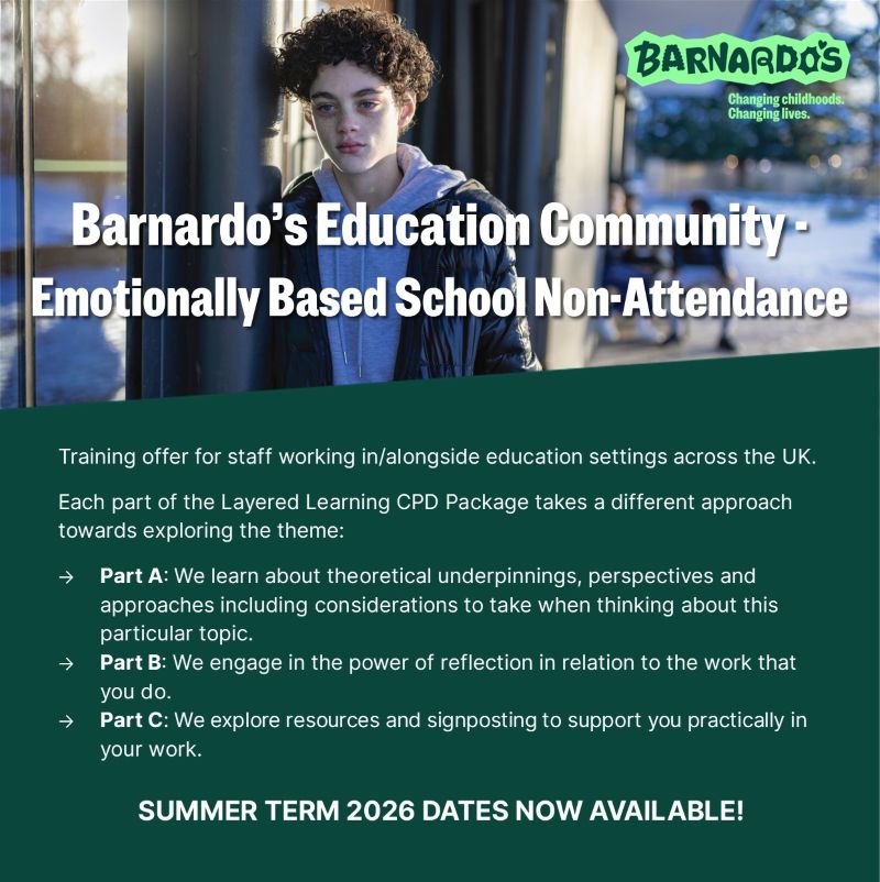 BarnardosEduCom's tweet image. Looking for practical strategies when supporting EBSNA?

Part C introduces:
 🗺️ Signposting
 📘 BEC’s My Journey resource to amplify CYP voice
🧰 Useful resources
Leave with tools you can use immediately.

🔗 educators-barnardos.org.uk/training-offer/

#PupilVoice #EBSNA
