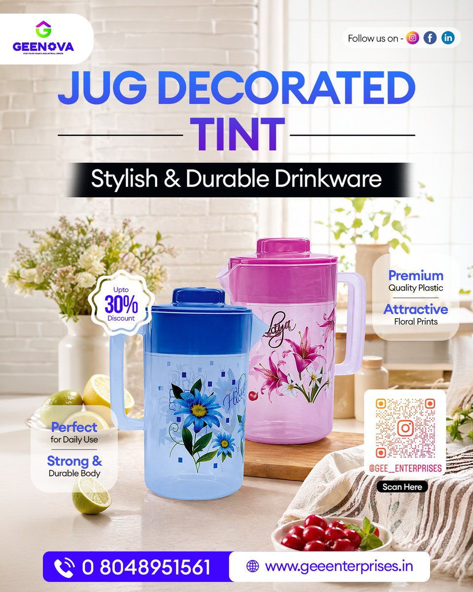kapil3443's tweet image. ✨ Stylish Serving Starts Here! ✨

Upgrade your kitchen with GEENOVA Jug Decorated Tint 
 Floral Prints |  Durable Build |  Daily Use Perfect

💸 Up to 30% OFF – Grab Now!

📞 Order Now: 08048951561
🌐 geeenterprises.in

#drinkware #kitchenessentials #homeessentials
