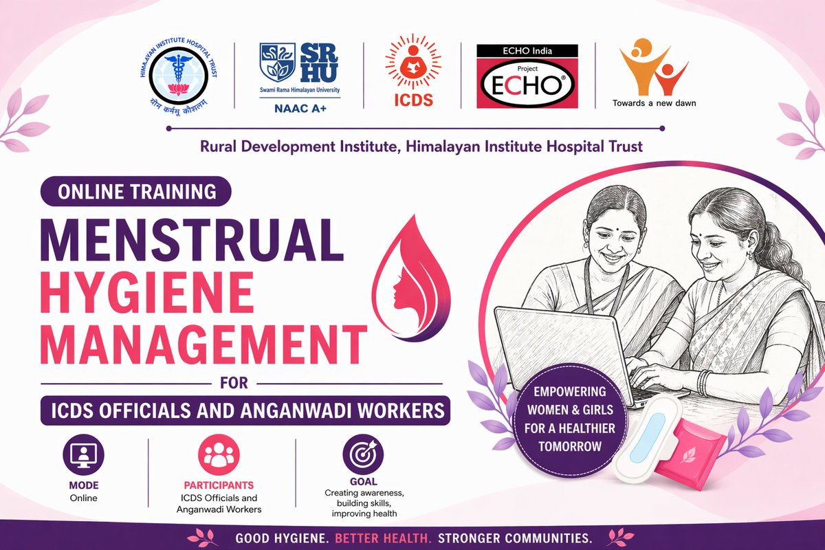 Rdi_Hiht's tweet image. Strengthening frontline capacity! 

Online training on Menstrual Hygiene launched for ICDS &amp;amp; Anganwadi workers across Uttarakhand—building skills to support women &amp;amp; girls. In collaboration with Dept. of WCD, ECHO &amp;amp; HIMS-SRHU.

#MenstrualHygiene #ICDS #RDI