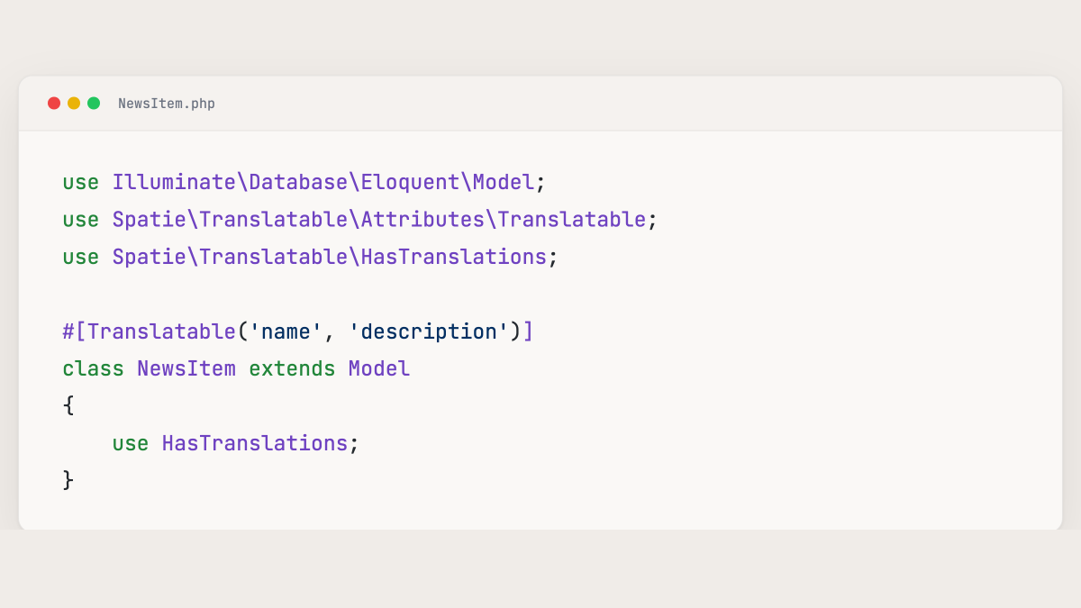freekmurze's tweet photo. The latest version of our spatie/laravel-translatable package supports PHP attributes for declaring translatable columns, matching the many cool features that Laravel 13 introduced. https://t.co/nO8VWMpa1W
