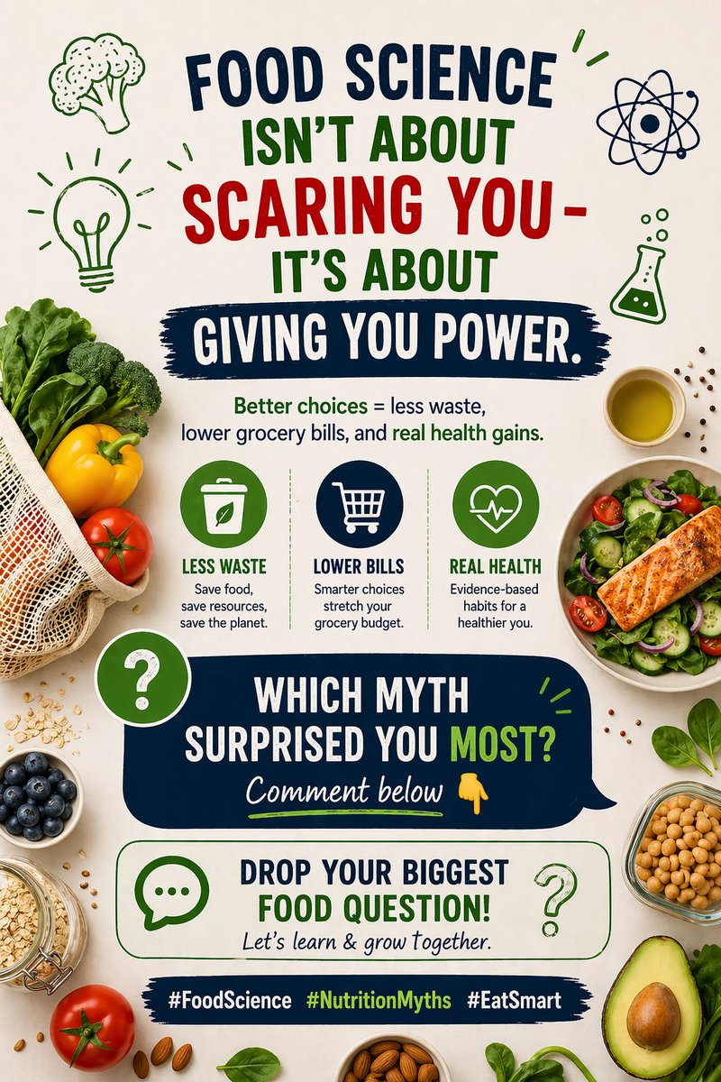 nelsonakange's tweet image. Tweet 11/11

Food science isn’t about scaring you – it’s about giving you power. Better choices = less waste, lower grocery bills, and real health gains.

Which myth surprised you most? Comment below 👇 Drop your biggest food question!
#FoodScience #NutritionMyths #EatSmart