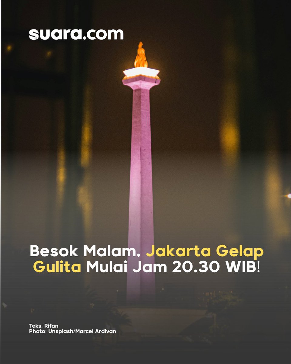 suaradotcom's tweet image. Pemprov DKI Jakarta akan melakukan pemadaman lampu serentak di berbagai sudut ibu kota pada Sabtu malam (25/4/2026) mulai pukul 20.30 WIB.

⚡️Baca informasi lengkapnya: suara.com/news/2026/04/2…

#matilampu #pemadamanlistrik #Jakarta RF