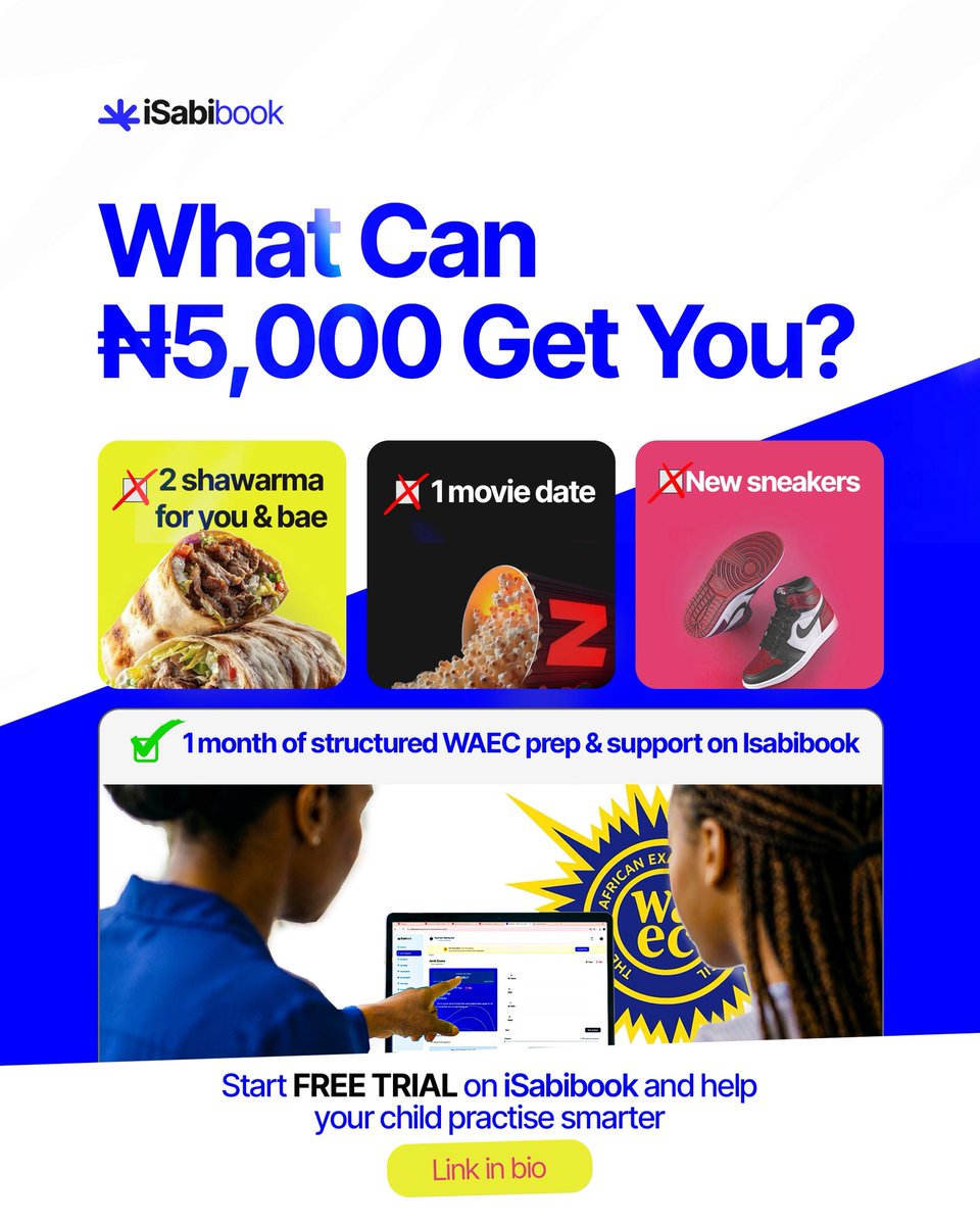 IsabibookNg's tweet photo. Your future is a choice. Choose well. 🎯

WAEC is now digital. Your prep should be too.

iSabibook gets you ready — structured, simple, and always in your pocket.

Subscribe for yourself or gift one to a student who needs it. 🎁

3 days free on https://t.co/YJfUue3cEY https://t.co/KZu6a8eST8