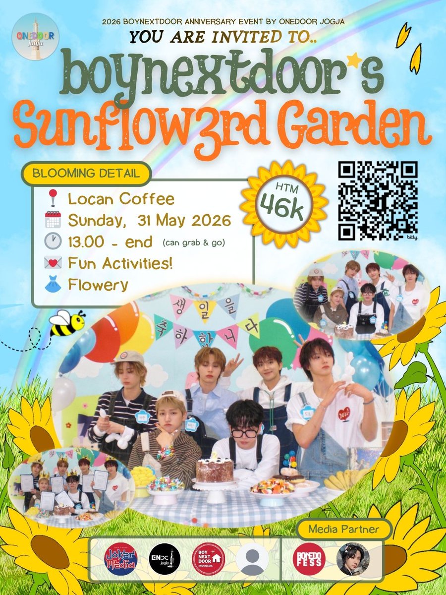 onedoorjogja's tweet photo. 𝐁𝐍𝐃'𝐬 𝐒𝐔𝐍𝐅𝐋𝐎𝐖𝟑𝐑𝐃 𝐆𝐀𝐑𝐃𝐄𝐍 🌻⏳️
BOYNEXTDOOR 3rd Anniversary Event

ㅡ the garden will open! the sunflowers is ready to bloom✨️

🗓 : Sunday, 31/05/2026
🕐 : 13.00 WIB
📍 : Locan Coffee

 (25/04 - 10/05)
🔗 : https://t.co/PcWlDEexBG

#BND_SUNFLOW3RD_GARDEN https://t.co/bG8xH2sH3j