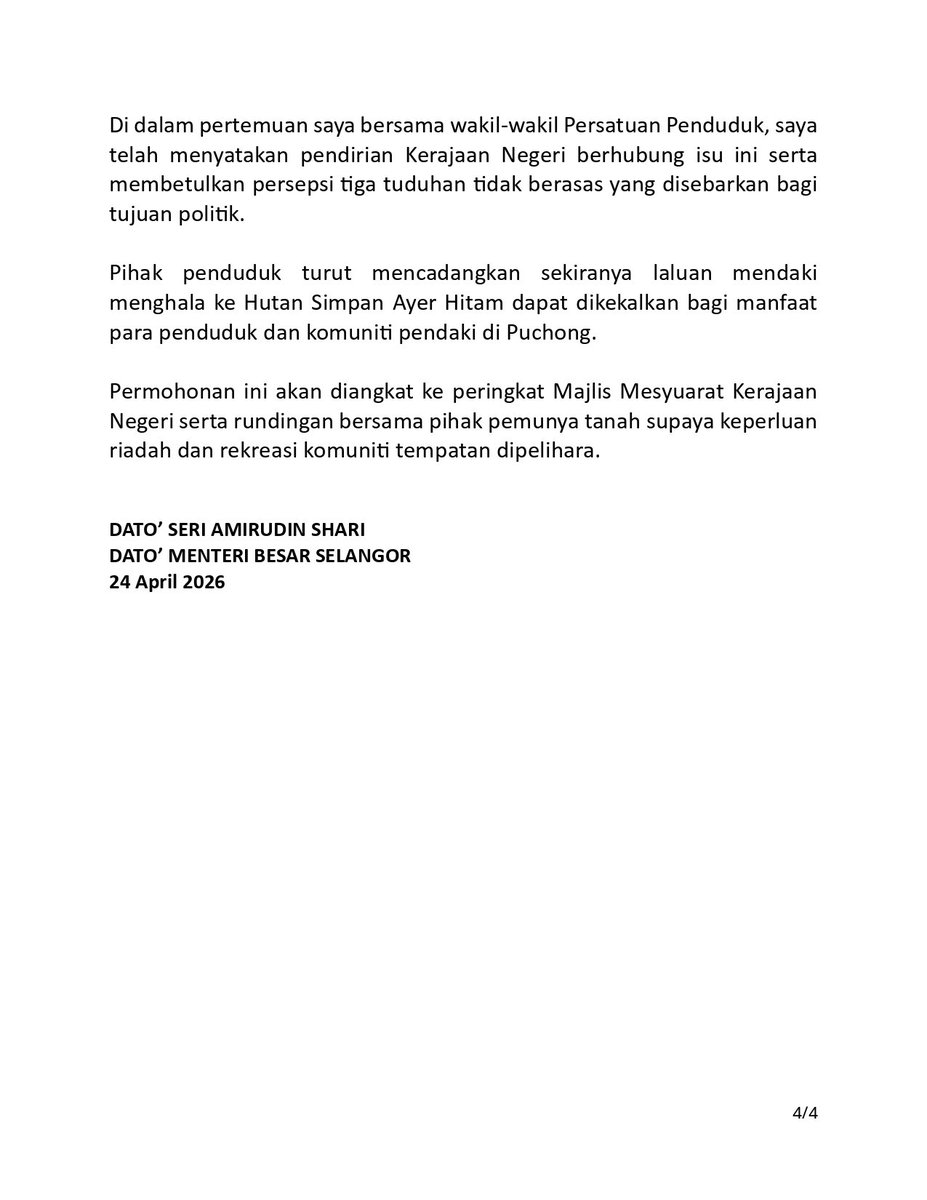 AmirudinShari's tweet photo. Penjelasan rasmi Kerajaan Negeri Selangor berhubung dakwaan pembangunan di kawasan berhampiran Hutan Simpan Ayer Hitam, Puchong.

Segala fakta telah diperincikan termasuk status tanah, sejarah keputusan pentadbiran serta kedudukan kes di mahkamah sekali gus menepis tiga tuduhan tidak berasas yang terus dimainkan.

Kerajaan Negeri berpendirian tegas bahawa kawasan ini tidak diluluskan untuk pembangunan dan keputusan tersebut disokong oleh dapatan teknikal serta disahkan oleh Mahkamah Persekutuan.

#KitaSelangor