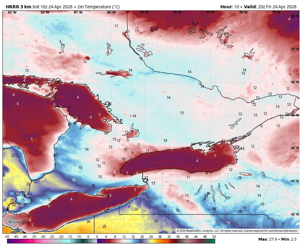 WxOntario1's tweet image. Warm start to the day across SW #Ontario, cooler further east

Temps range from near 10C to near 0C

Warm afternoon on tap for SW Ont with temps in the teens/ near 20C, cooler elsewhere with temps near 10C

Risk of scattered showers throughout the day before more organized rain