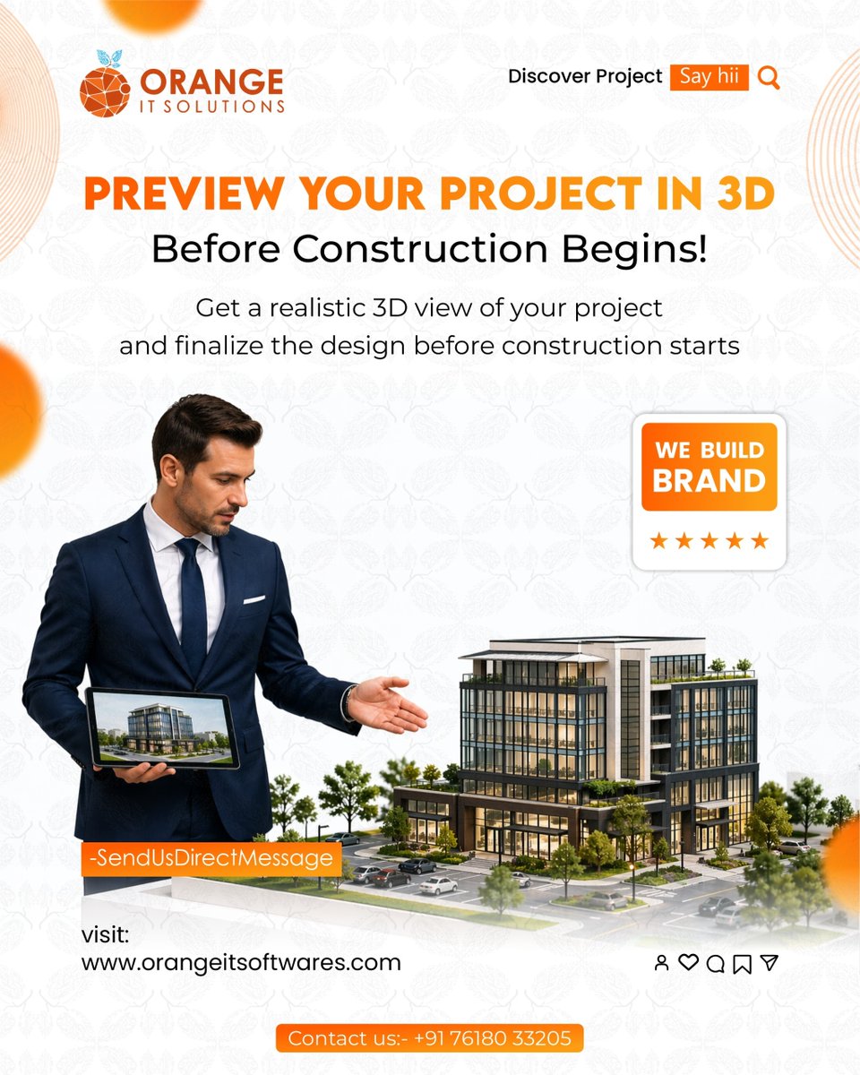 OrangeITSoluti2's tweet image. Turn your ideas into reality before construction even begins. Experience your project in stunning 3D and make smarter decisions with confidence.

#3DVisualization #ArchitecturalDesign #RealEstateIndia #3DRendering #ConstructionPlanning #InteriorDesign #PropertyDevelopment