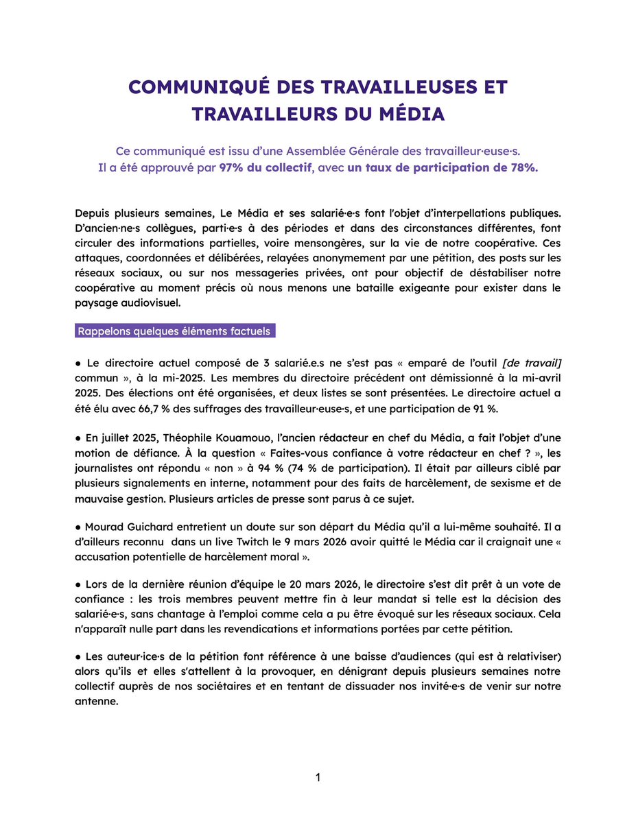 media_cgt's tweet photo. La CGT Le Média apporte son plein soutien à ce communiqué factuel de l’AG des travailleur·euse·s du Média, approuvé par 97 % des votant·e·s. [1/5] https://t.co/61GhN3SCua