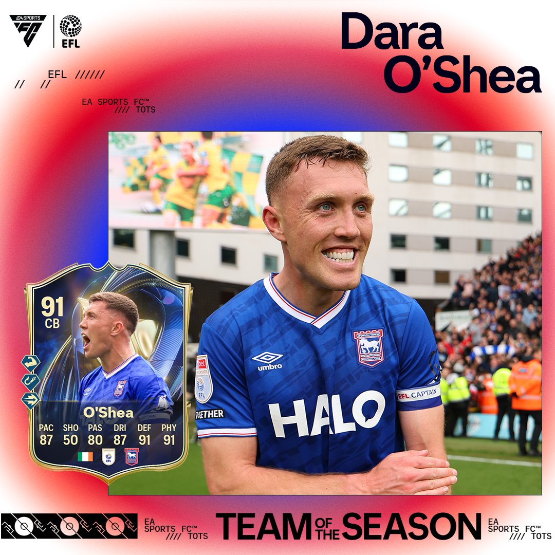 IpswichTown's tweet photo. Skipper. ✅

Dara O’Shea is named in the EFL Team of the Season in #FC26.

#TOTS @EASPORTSFC https://t.co/SgiInC5OrZ