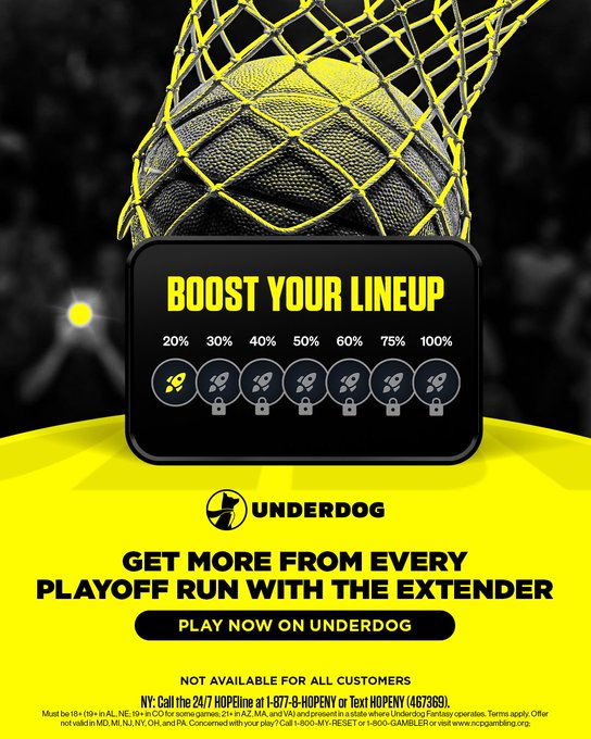 Underdog's tweet photo. Reminder: The Extender is LIVE and available through the end of Round 1 👀

Unlock a 100% PROFIT BOOST by playing your favorite picks during the opening round of the NBA Playoffs 🚀