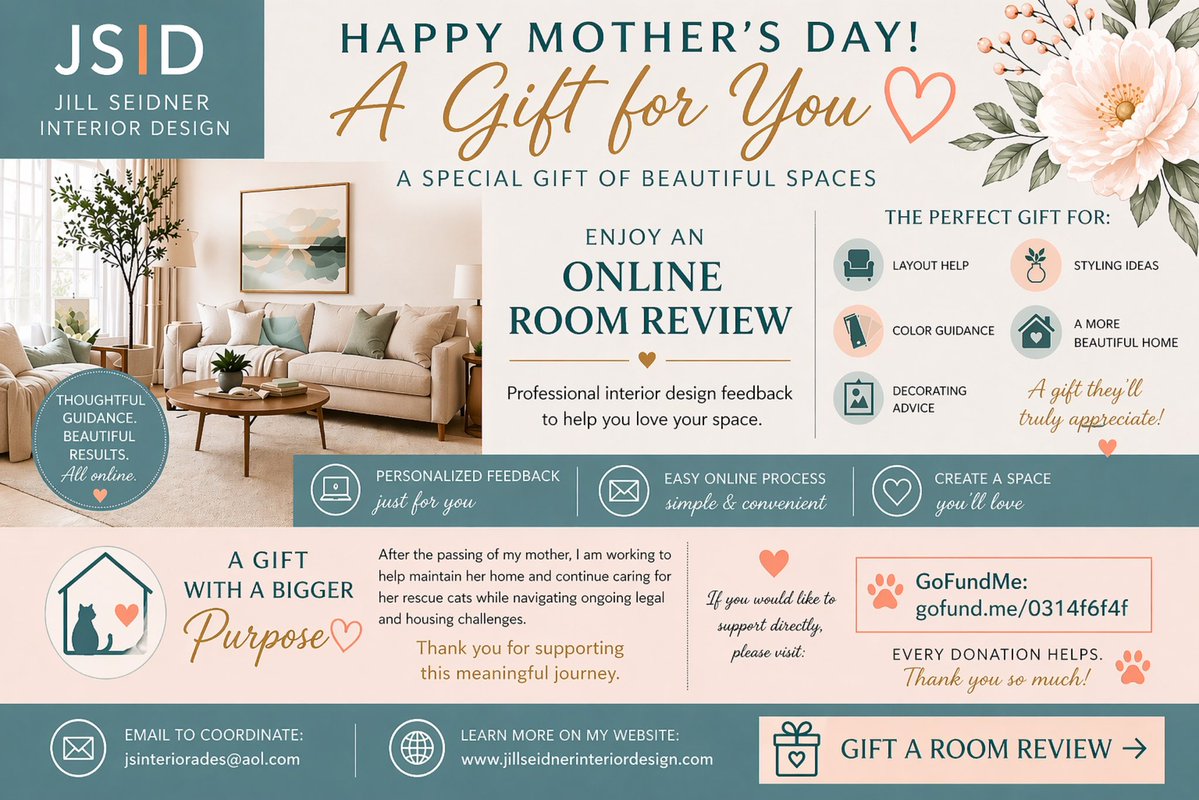JSInteriorDes's tweet image. This Mother’s Day, I’m offering Room Review Gift Certificates through my interior design business. Purchases also help support care for my late mother’s home and rescue cats during a difficult time.  #interiordesign 

Gift Certificates:  
stan.store/YourDesignGuid…