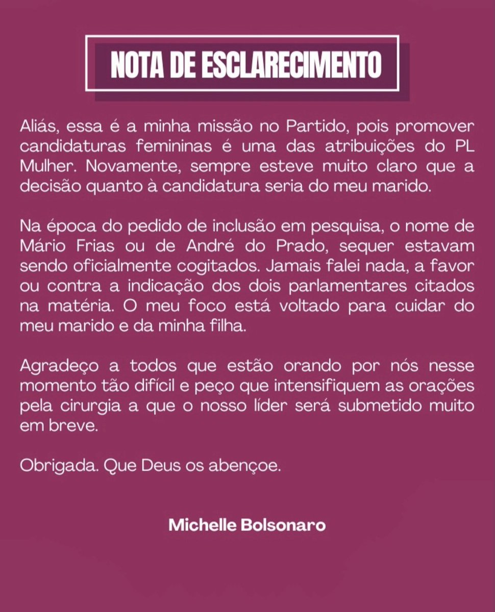 A Michelle Bolsonaro afirma que nunca se manifestou contrária ao Mario Frias no Senado por SP e que a matéria da Folha de São Paulo é FALSA.
