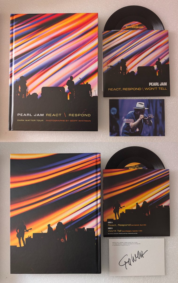 demetriosns's tweet image. Sweetness! Pearl Jam - React, Respond \ Won’t Tell 7" + book exclusive 10Club bundle 🙂 @PearlJam #GeoffWhitman #DarkMatter