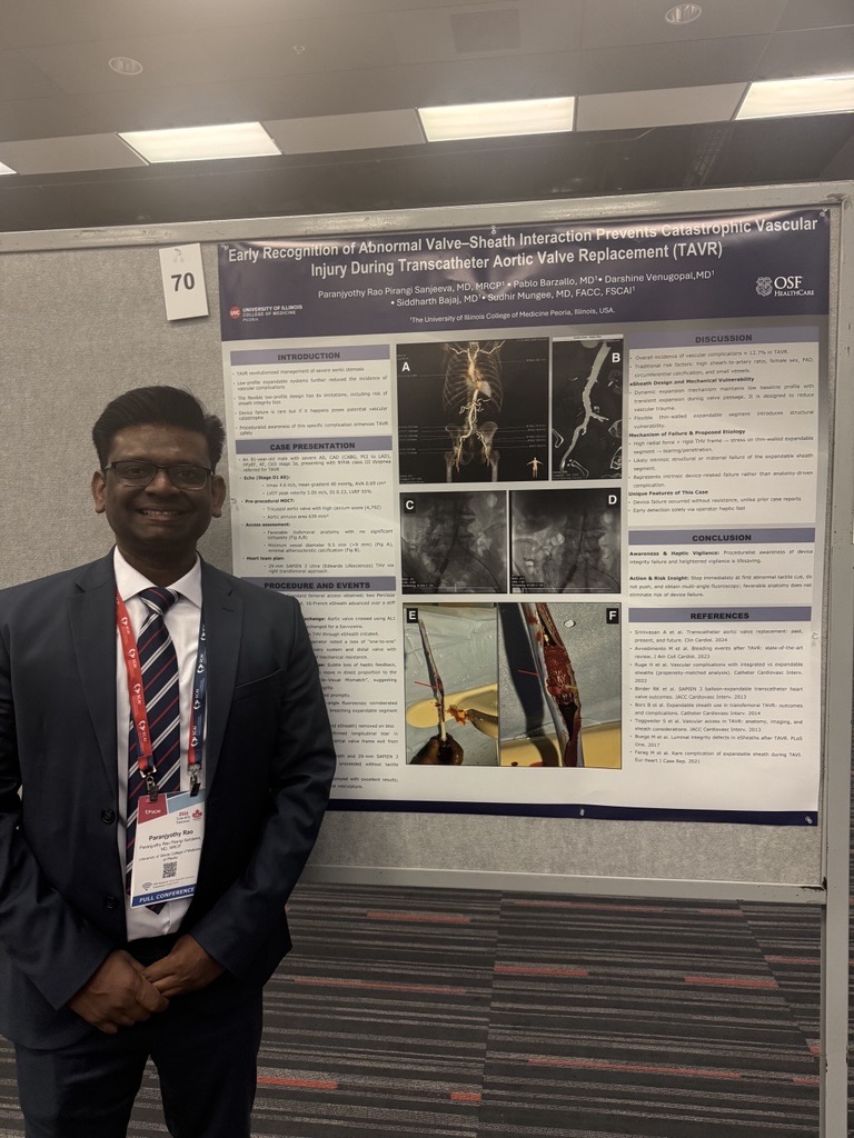 SCAI's tweet photo. Paranjyothy Rao Pirangi Sanjeeva, MD, MRCP presented a case report on Early Recognition of Abnormal Valve–Sheath Interaction Prevents Catastrophic Vascular Injury During Transcatheter Aortic Valve Replacement (#TAVR) at #SCAI2026. https://t.co/3dSD42xF2Y