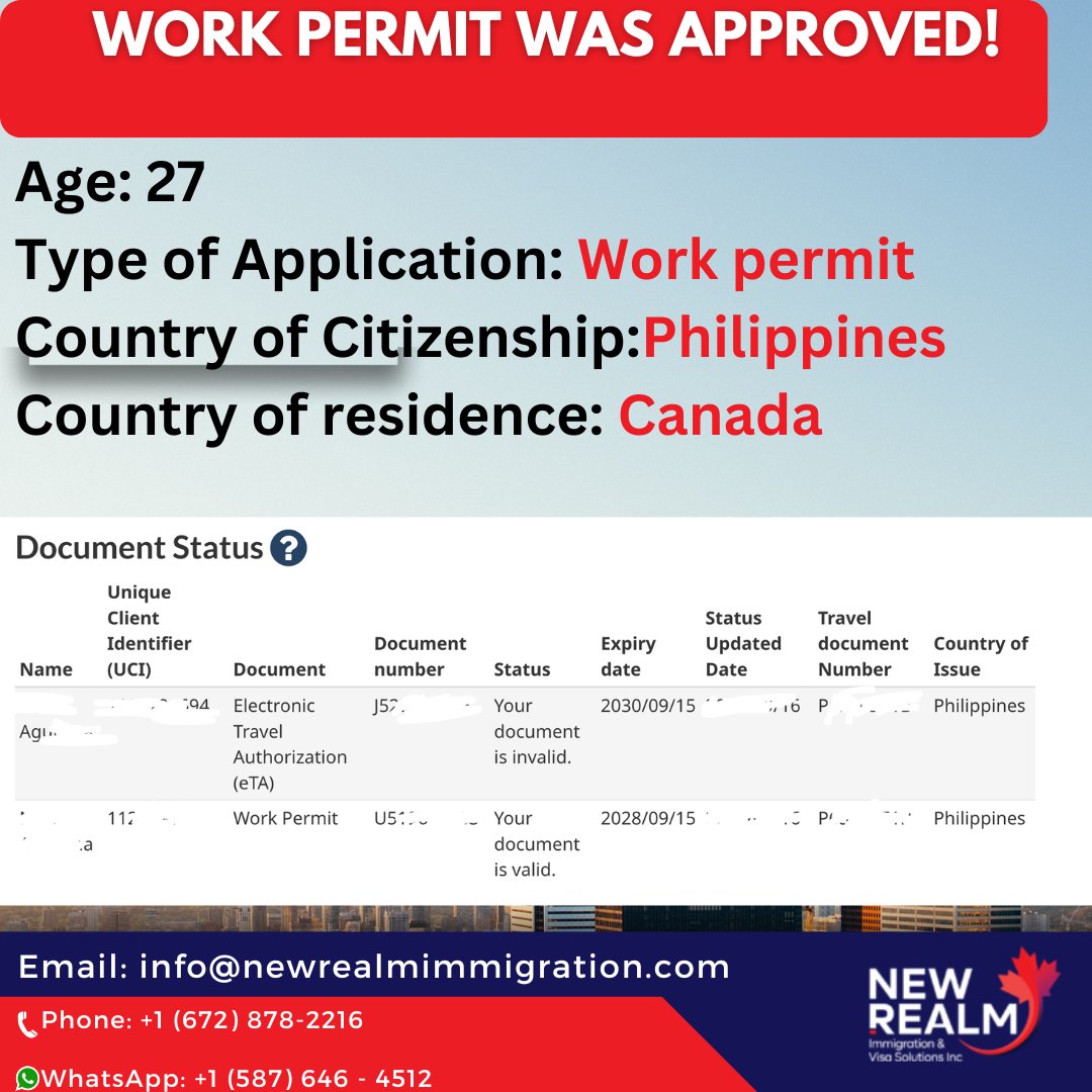 Realmvisa's tweet image. Ms. N’s work permit has been issued! 🎉
Wishing her all the best in her new journey and endeavours in Canada.
#WorkPermit #CanadaImmigration #SuccessStory #NewBeginnings