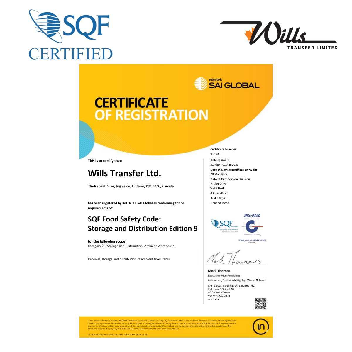 Wills_Transfer's tweet image. Wills Transfer is proud to announce our most recent SQF Institute Certification, reinforcing our ongoing commitment to food safety excellence.

#FoodSafety #Canada #Warehousing #Logistics #3PL #WillsTransfer