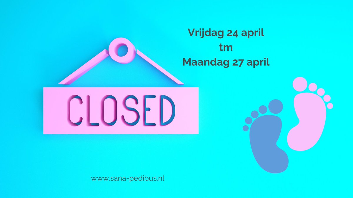 sanapedibus's tweet photo. Beste cliënten en volgers,

Van vrijdag 24 april t/m maandag 27 april is Pedicurepraktijk Sana Pedibus gesloten.

Houd er rekening mee dat berichten via WhatsApp, Messenger, telefoon, contactformulier en andere kanalen pas vanaf woensdag 29 april  beantwoord worden.

Sana Pedibus https://t.co/A8FMeudBRg