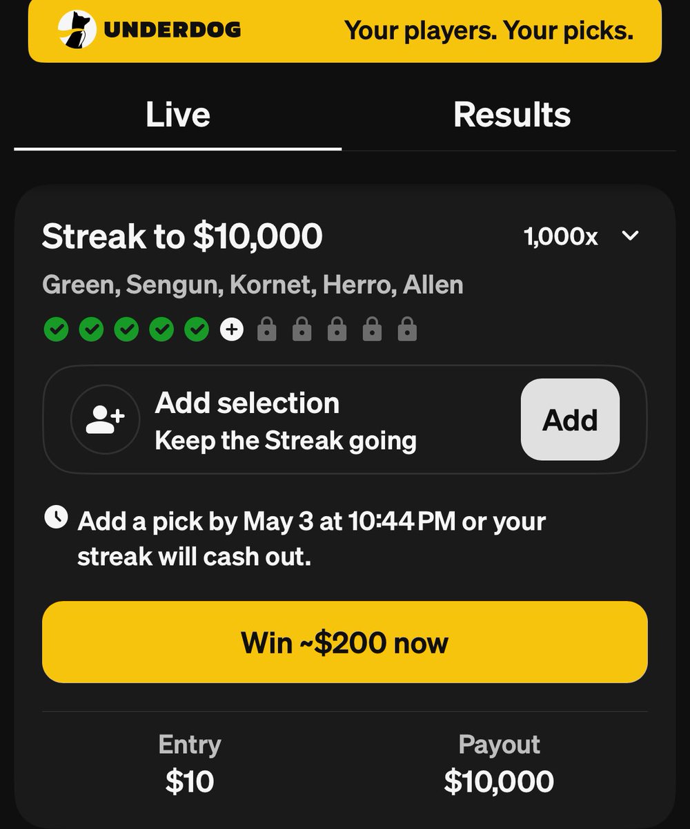 5 Picks Down ✅✅✅✅✅

6 More for $10,000💰🤑

#UnderdogStreaks #UnderdogStreak