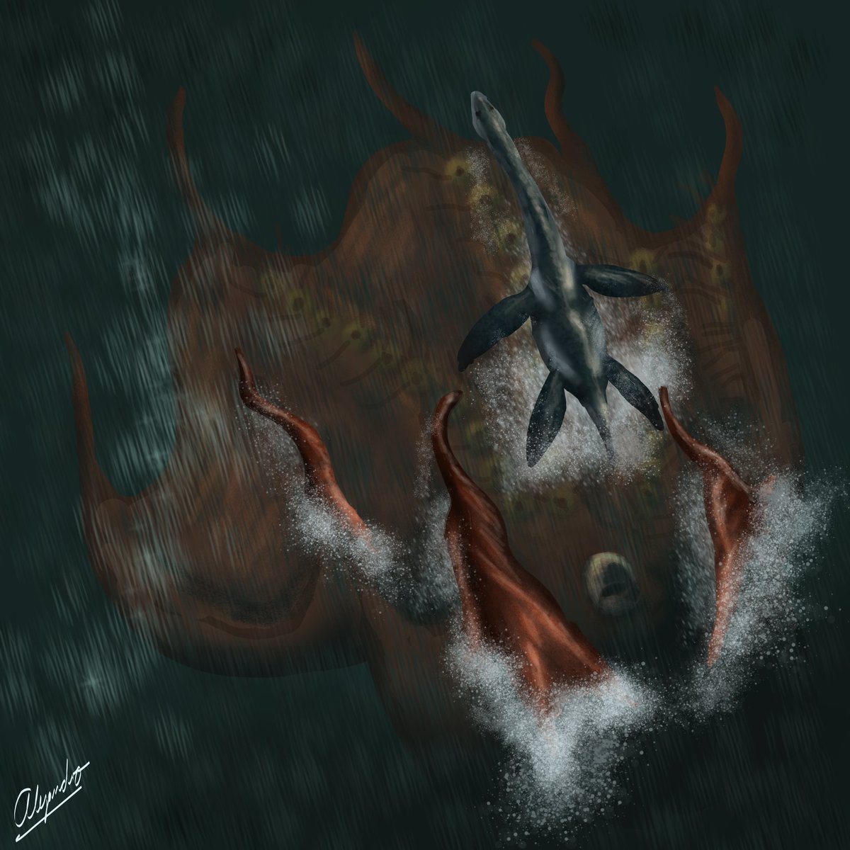 AlejandroParha2's tweet photo. Que tal paleobanda!! Hoy les traigo nueva ilustración,  se trata del recientemente descrito Nanaimoteuthis haggarty, un gigantesco pulpo que pudo ser el máximo depredador de los mares del Cretácico

#paleontology #paleoart #cretaceous #digitalart #octopus #kraken #nanaimoteuthis https://t.co/KjX28YRvcj