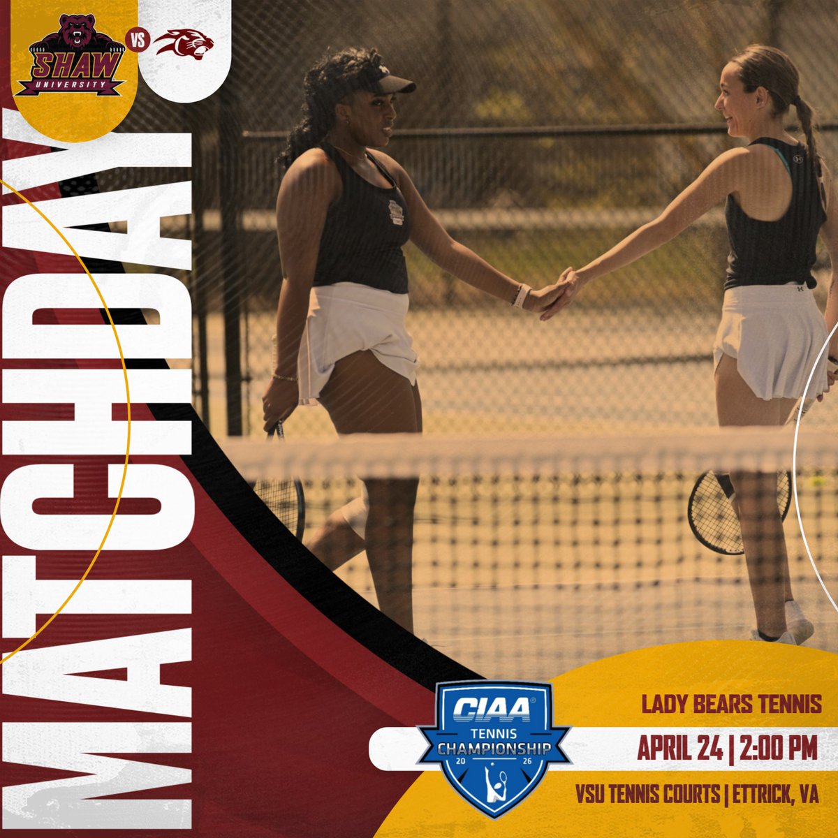 ShawBears's tweet image. 🐻🎾| The journey begins today. Shaw takes on VUU in the quarterfinals of the 2026 CIAA Women's Tennis Championship.
#ShawU | #BearWithUs