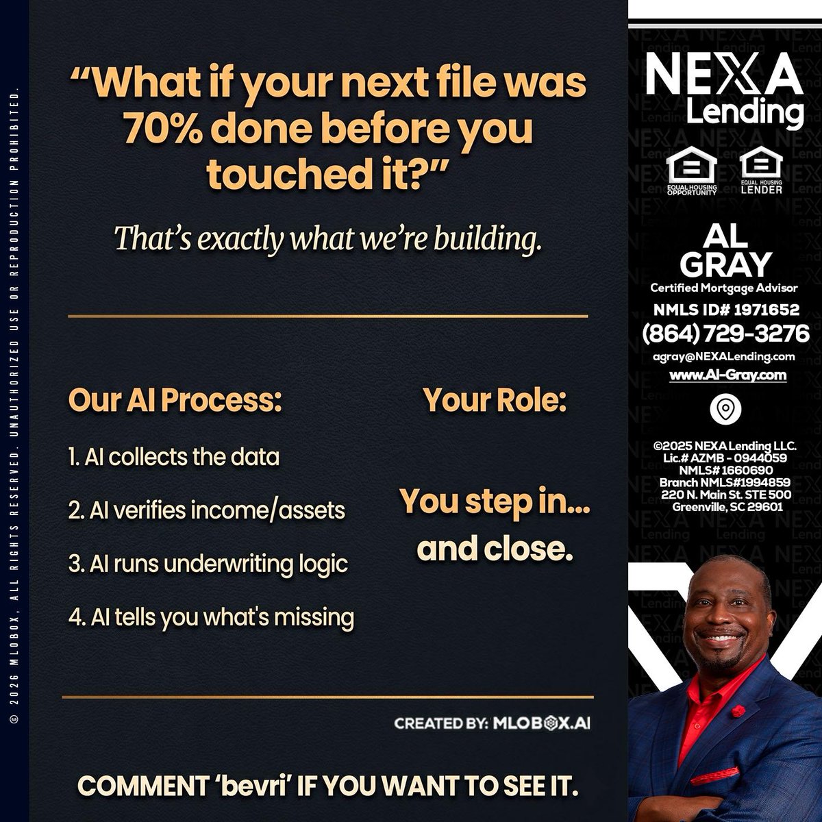 al_gray2020's tweet image. Unlock the future of lending! Imagine your next file being 70% ready before you even touch it. Let AI streamline your process, so you can focus on closing deals! 🚀✨ #AIFinance #MortgageMagic #Efficiency