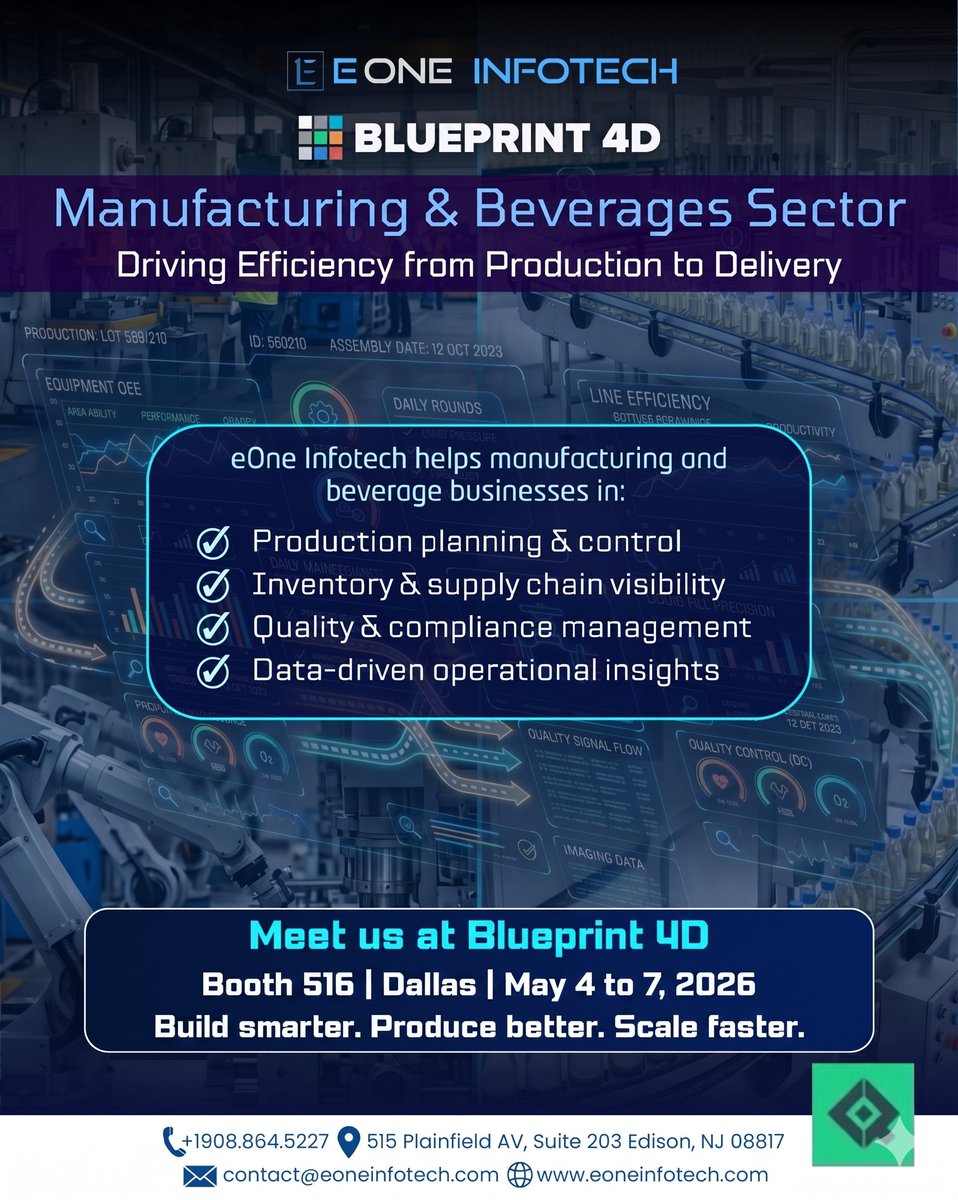 EOneInfotech's tweet photo. Boost efficiency in Manufacturing &amp; Beverages ⚙️🥤
From production planning to quality &amp; insights — scale smarter.
Meet eOne Infotech at BLUEPRINT 4D Booth 516 🚀
#ManufacturingTech #BeverageIndustry #SupplyChain #DigitalTransformation #Blueprint4D #eOneInfotech https://t.co/kLj1BADQBu
