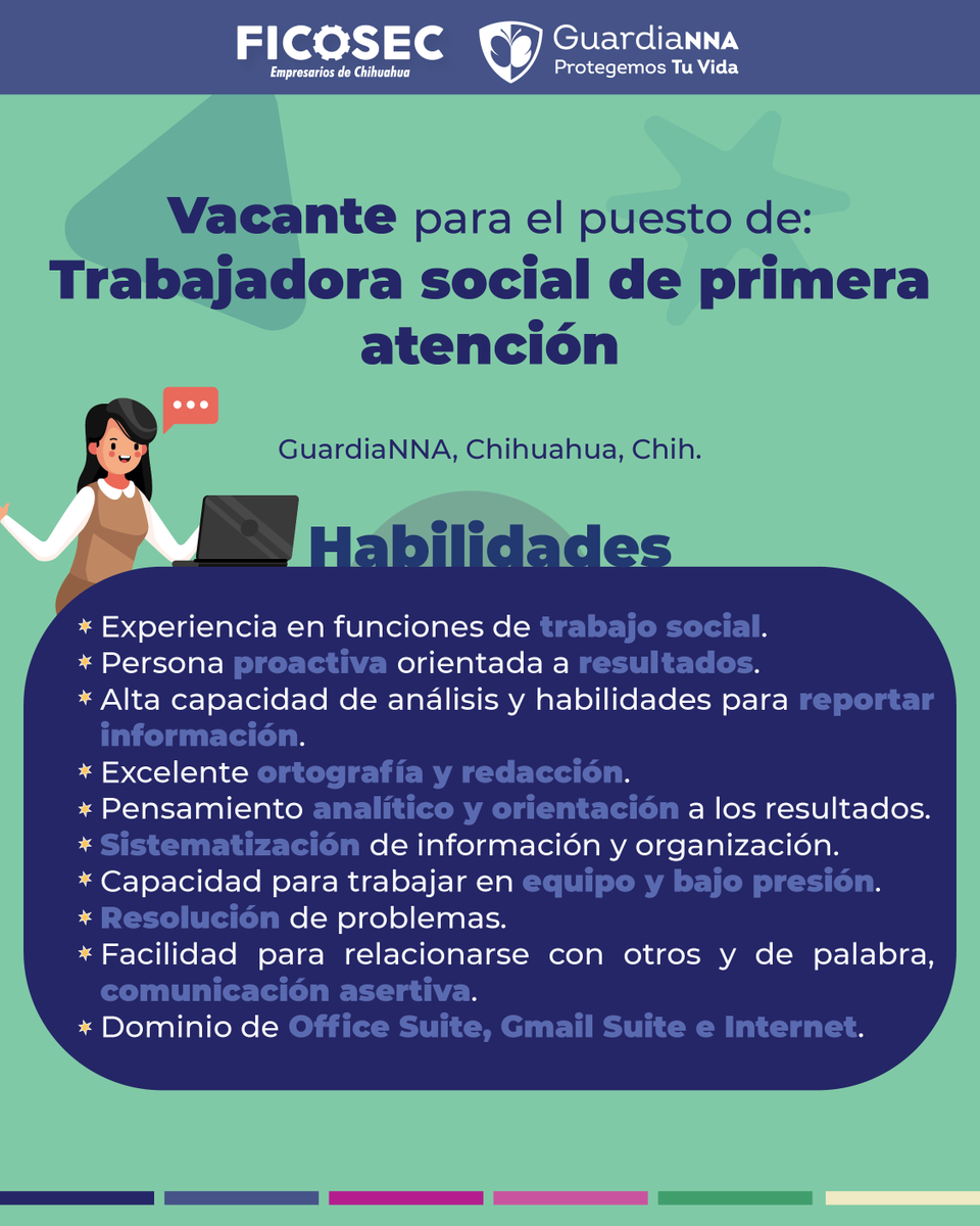 FICOSEC's tweet photo. En #FICOSEC buscamos un perfil muy amable, amoroso y comprometido con las #infancias.
#Guardianna es un proyecto dirigido a la atención gratuita a #NNA que han vivido violenci4 sexu41 en #Chih
✨Consulta la vacante completa en https://t.co/yxqzQll0G1
Cv a: vacantes@ficosec.org https://t.co/hF15JUqZGh