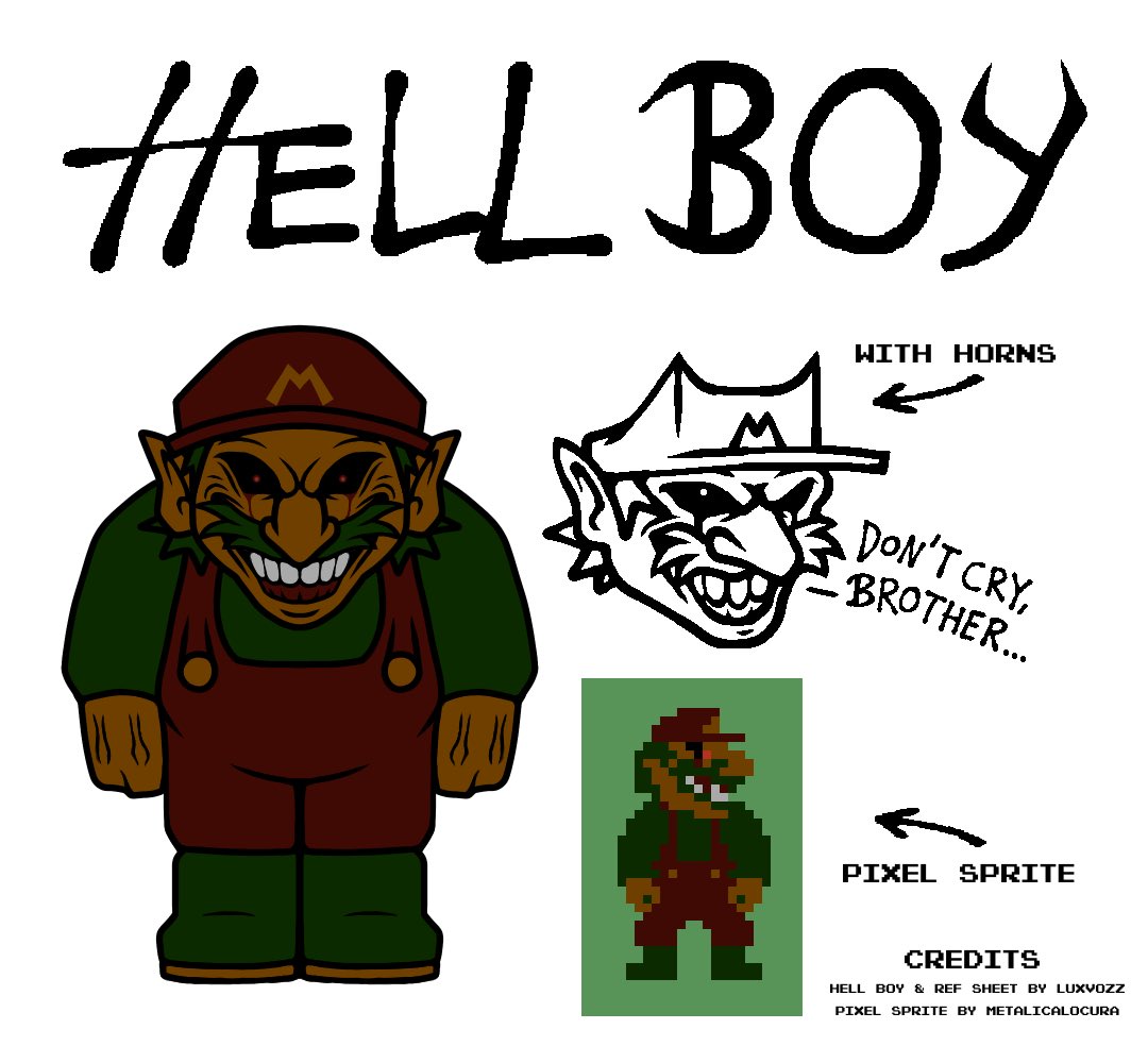 Today CoolRash’s Mario.exe/Super Boy.EXE is 11 years old. So to celebrate, here’s the ref sheet for Hell Boy, the main antagonist of Super Boy.EXE Definitive Edition.

#Superboyexe #Marioexe #exe #creepypasta #horror