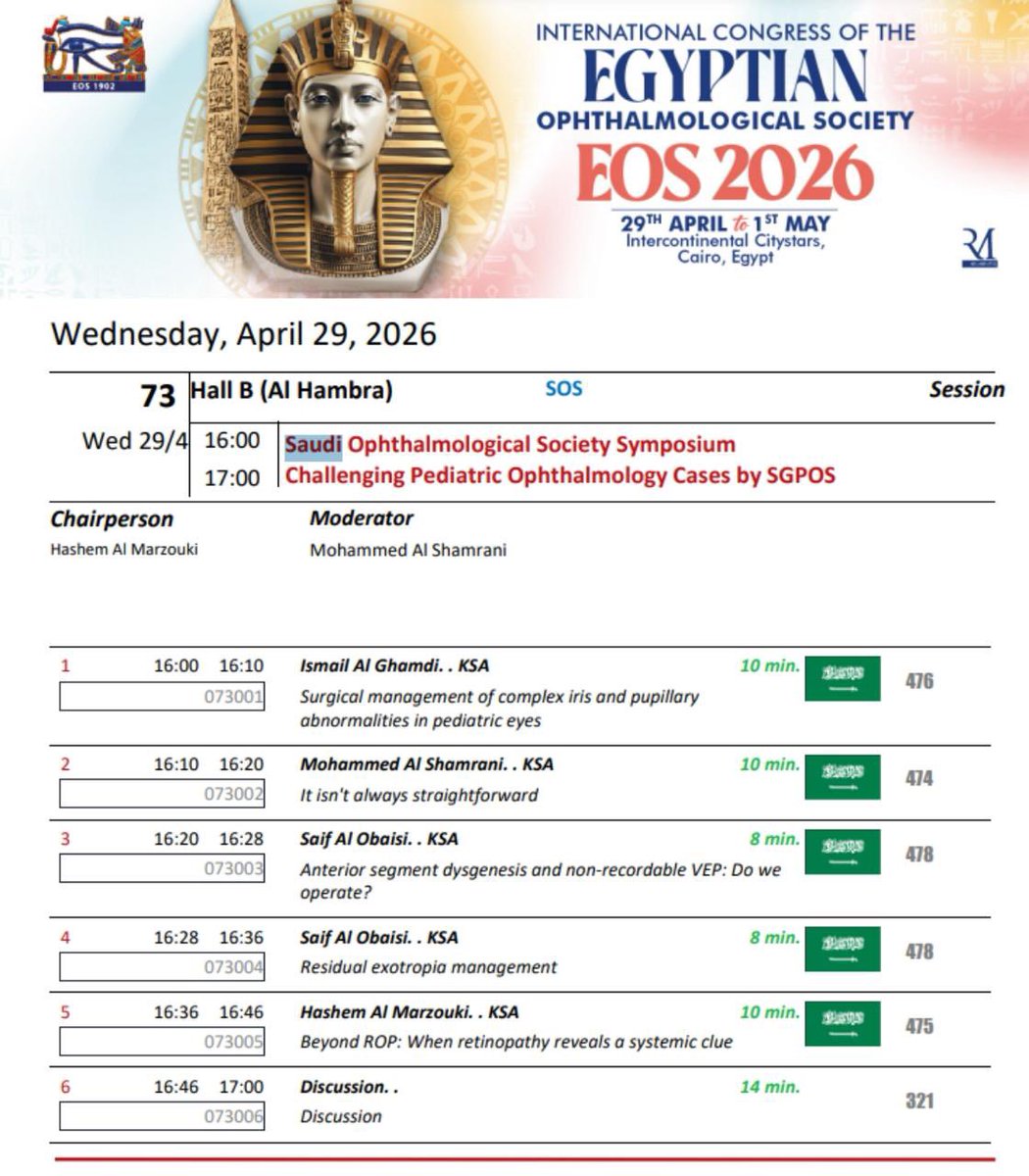 SaudiOphtha's tweet photo. تتشرف 
المجموعة السعودية لعيون الأطفال والحول 
بتمثيل 
الجمعية السعودية لطب العيون 
في مؤتمر الجمعية الرمدية لطب العيون 
بالقاهرة، 

من خلال جلس�� علمية بعنوان:
Challenging Pediatric Ophthalmology 
Cases by SGPOS

📅 الأربعاء 29 أبريل 2026
⏰ 4:00 – 5:00 مساءً

بمشاركة:

* د. هاشم المرزوقي (رئيس المجموعة)
* د. محمد الشمراني (نائب الرئيس)
* د. سيف العبيسي (عضو مجلس الإدارة)
* د. إسماعيل الغامدي (عضو مجلس إدارة الجمعية السعودية لطب العيون)

تأتي هذه المشاركة لتعزيز التعاون العلمي بين الجمعية السعودية لطب العيون والجمعية الرمدية المصرية، بما يدعم تبادل الخبرات وتطوير الممارسات والبحث العلمي في طب وجراحة العيون.
