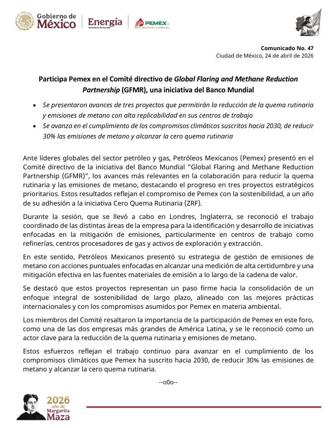 Pemex's tweet photo. 📍Participa Pemex en el Comité directivo de Global Flaring and Methane Reduction Partnership (GFMR), una iniciativa del Banco Mundial.

Comunicado nacional: https://t.co/isSgm086DD https://t.co/UO4eL0k8Tn