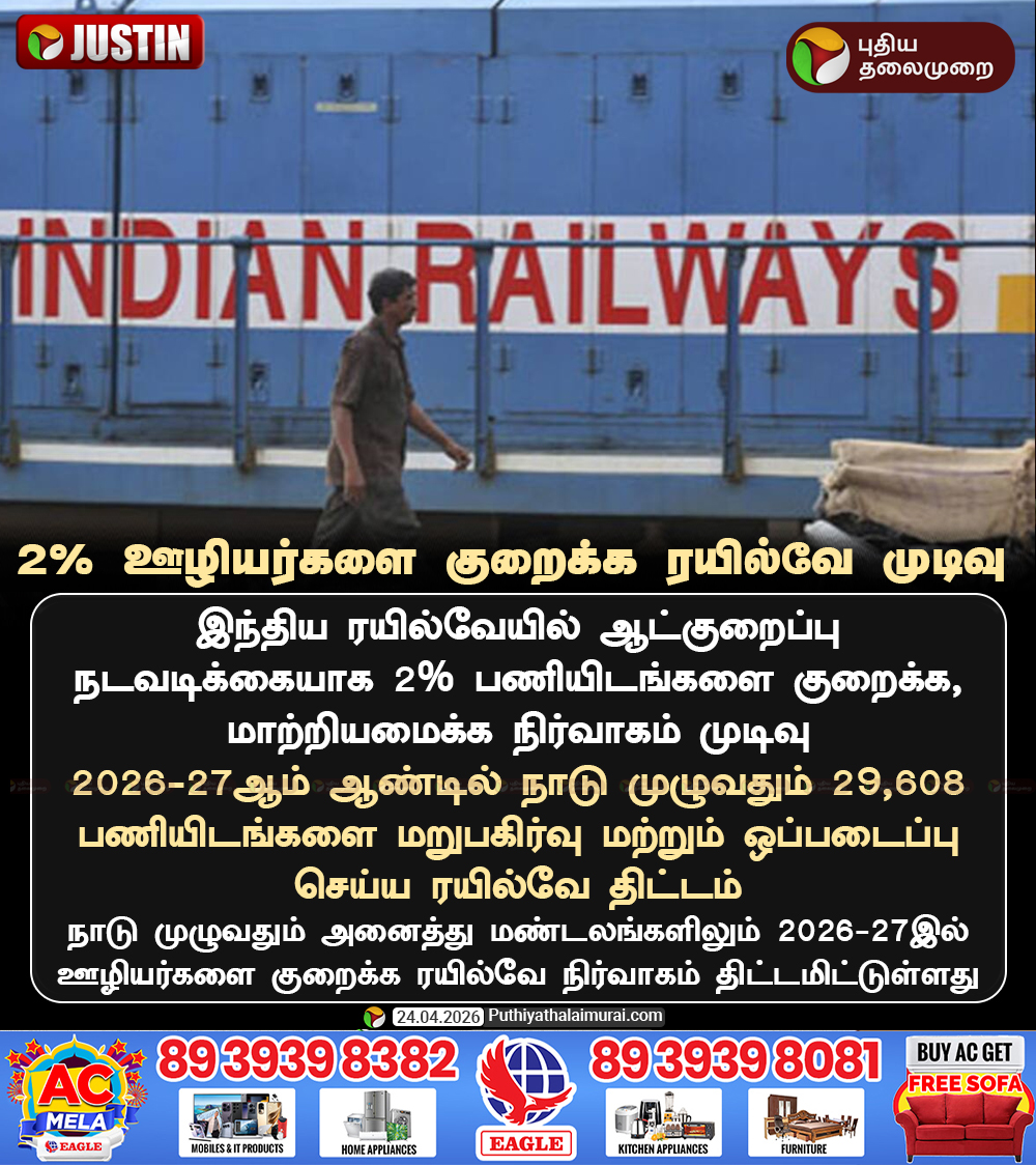PttvNewsX's tweet image. 2% ஊழியர்களை குறைக்க ரயில்வே முடிவு

#IndianRailway | #Railway | #Reservation | #Layoff