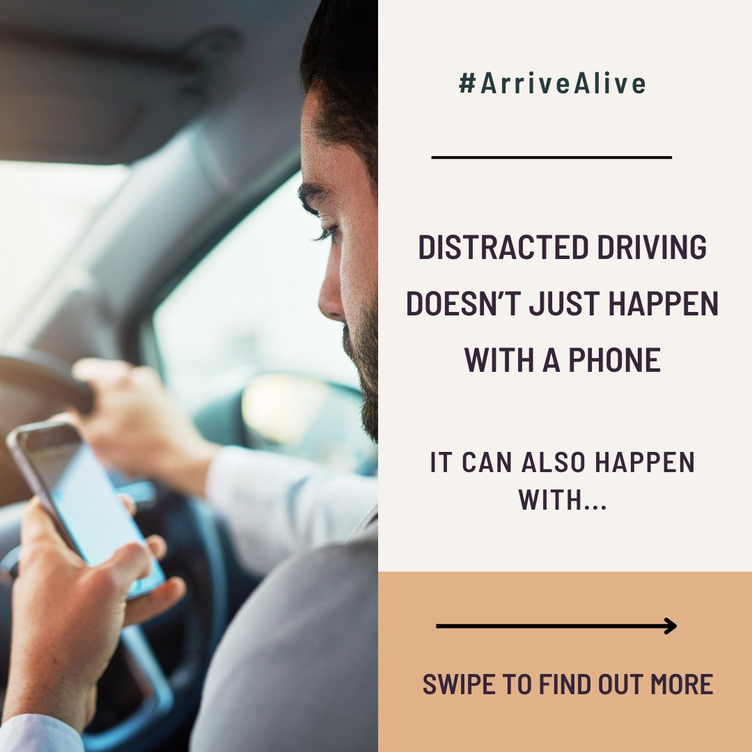 DriveSober's tweet photo. Whether it’s a phone, food, pets, or passengers, these are all distractions that limit your ability to focus on the road. Although you may think you are focused and in control, you are driving impaired. Let’s keep distracted driving off our roads so we can all #ArriveAlive 🚗 https://t.co/elhUYJn3bL