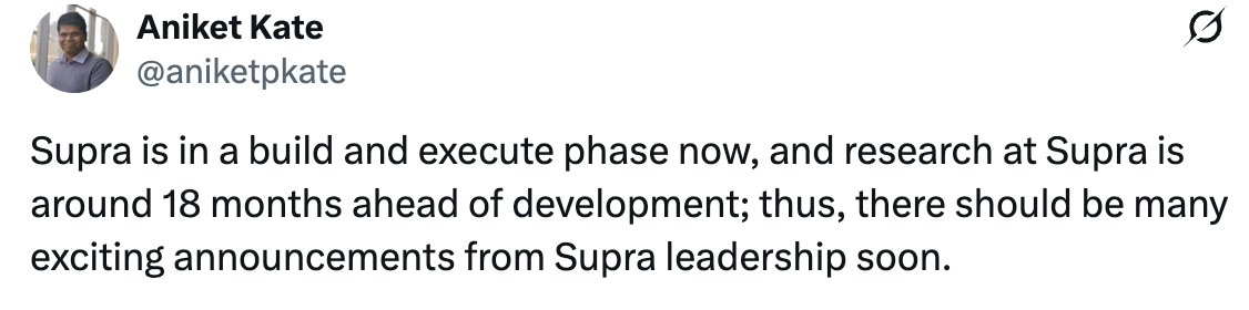 The circumstances of $Supra's newest price drop is actually quite funny. 

So the new drop was likely entirely because Dr. Kate publicly announced a positive message about moving to Mysten Labs, when we already knew massive restructuring has been underway for a while.

And though