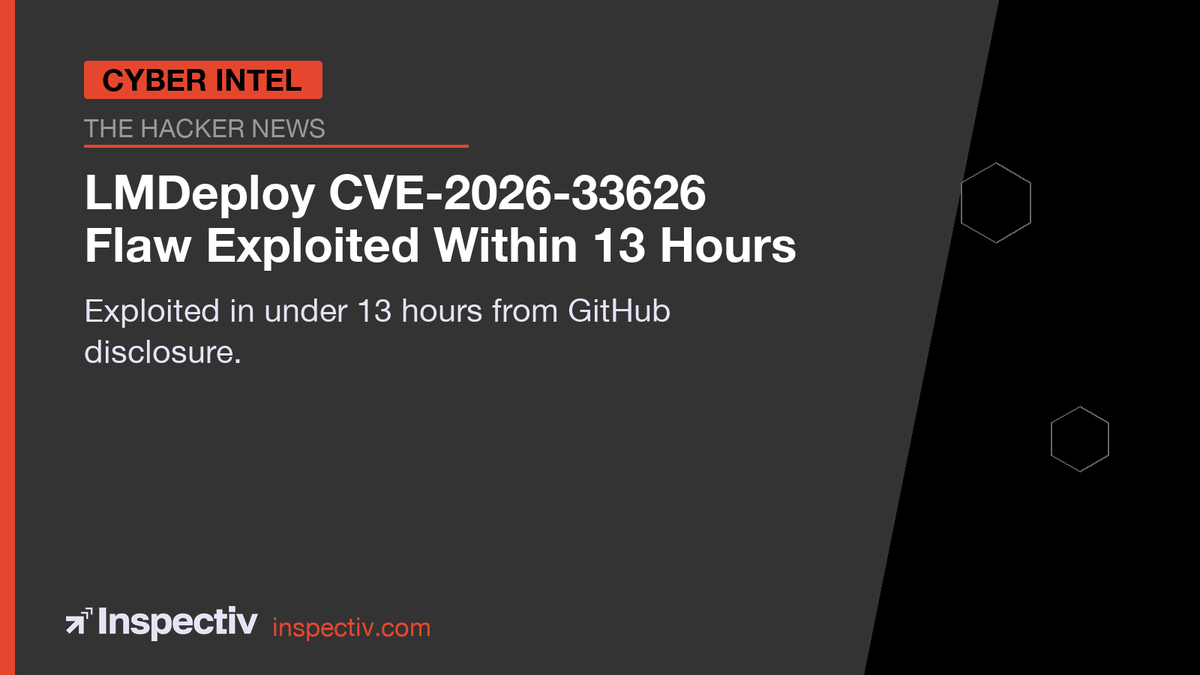 inspectiv's tweet photo. LMDeploy CVE-2026-33626 Flaw Exploited Within 13 Hours of Disclosure

SSRF vulnerability in LMDeploy (open-source LLM deployment toolkit) was exploited just 12.5 hours after public disclosure on GitHub. Attackers can steal cloud credentials, access internal services, an...

#CyberSecurity #AppSec