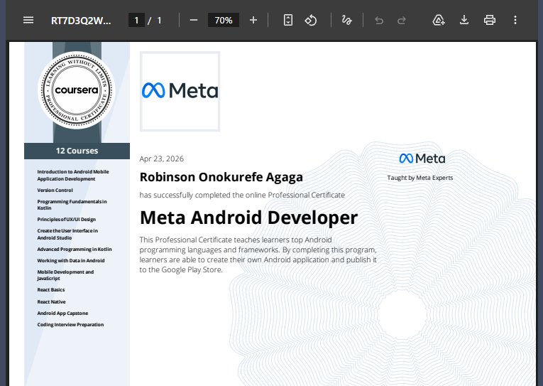 RobinsonAgaga's tweet image. Just completed the Meta Android Developer Professional Certificate 🎉

Excited to start building and shipping real Android apps.
#AndroidDev #100DaysOfCode #Tech