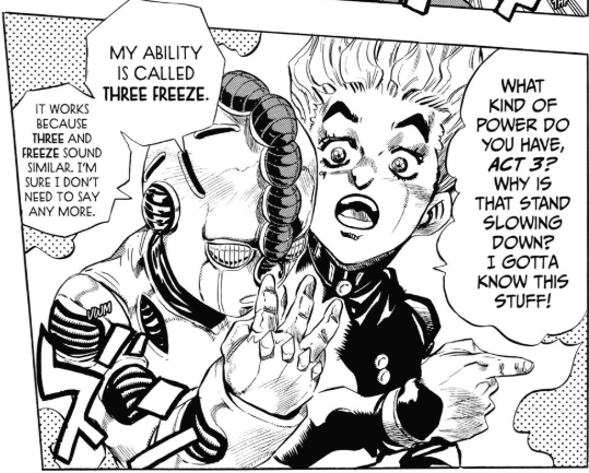 p1nkch4n's tweet photo. i wonder if the initial idea was that rhyming gives him power but araki realised that was too broken and had to restrict it to just three freeze. i don't really have any basis to believe this i'm just wondering because freezing doesn't necessarily have to do anything with sound https://t.co/TDRJa8eeNB