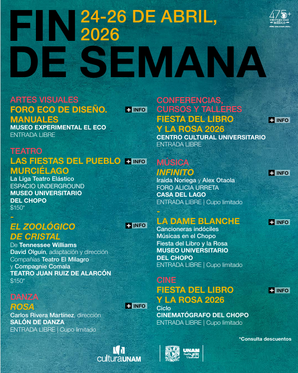CulturaUNAM's tweet image. ¿Ya te diste la vuelta al @museo_el_eco, frente al Monumento a la Madre? ¿Y al @museodelchopo para ver... #teatro? 🙀¿Te late más la #danza? 🩰U hojear libros y escuchar a grandes escritor@s en la #FiestaLibroyRosa... 📕🌹 
¡En #CulturaUNAM hay mucho para que la pases 💣! ⬇️