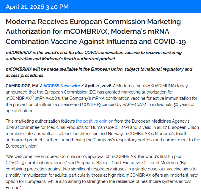 nicolasberrod's tweet image. 💉 Après le feu vert de l'agence du médicament, la Commission européenne valide l'autorisation de mise sur le marché du vaccin combiné de Moderna ciblant la #grippe ET le #Covid19.

Charge désormais à chaque agence nationale, la Haute Autorité de santé en France, de se prononcer.