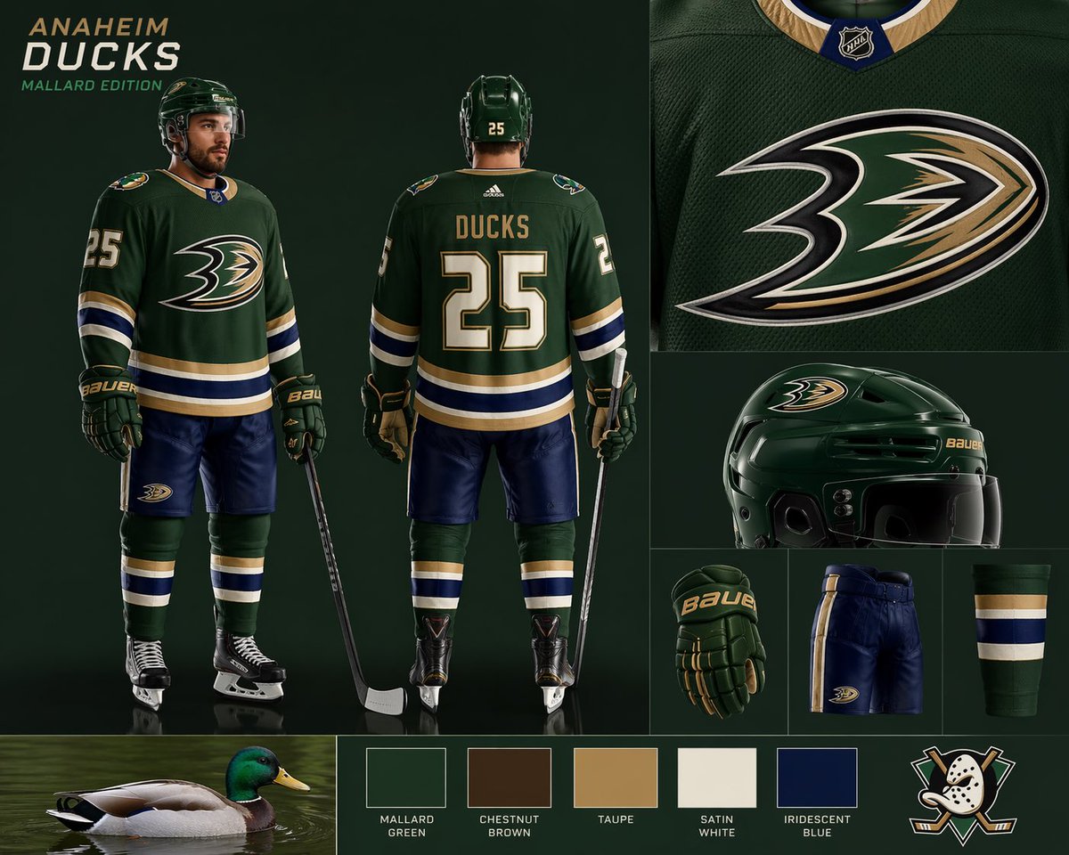 BaichwalABC7's tweet photo. I have been impressed with the @AnaheimDucks @nhl this year, but not their excessively orange kit… So I thought why not base their uniform on the beautiful mallard duck. What do you think? https://t.co/rU76ZLcjgq