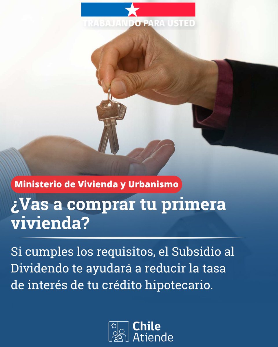 ChileAtiende's tweet photo. 🏡💸 ¿Vas a comprar una vivienda nueva?
El Subsidio al Dividendo te ayuda a pagar menos desde el inicio de tu crédito hipotecario 👉 https://t.co/TCVnDEZLQo

📉 Reduce en 0,6% la tasa de interés de tu crédito al momento de solicitarlo. https://t.co/KYFWuH7np9