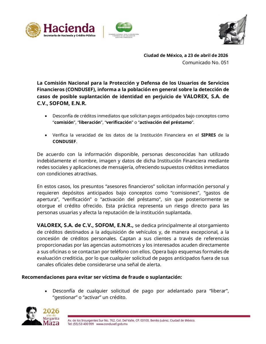 CondusefMX's tweet photo. 🚨 ¡Alerta por suplantación!
💰 CONDUSEF detecta uso indebido del nombre de VALOREX para ofrecer créditos “exprés”.
⚠️ No pagues por adelantado ni deposites para “activar” créditos.
🔎 Verifica en #SIPRES
https://t.co/pVwgaCd2KQ
🔗 Lee el #comunicado
https://t.co/p1k9avttnT https://t.co/EkGcDJsN3Q