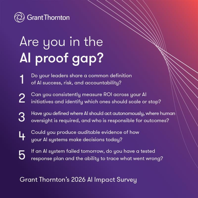 DSLunsford's tweet photo. Organizations are scaling #AI faster than they can explain or measure it. That’s the AI proof gap — and where risk builds. Closing it takes governance, measurable outcomes and accountability. See how @GrantThorntonUS is making AI perform where it matters. https://t.co/eb1cRxLMQO https://t.co/qrwrs1MLzM
