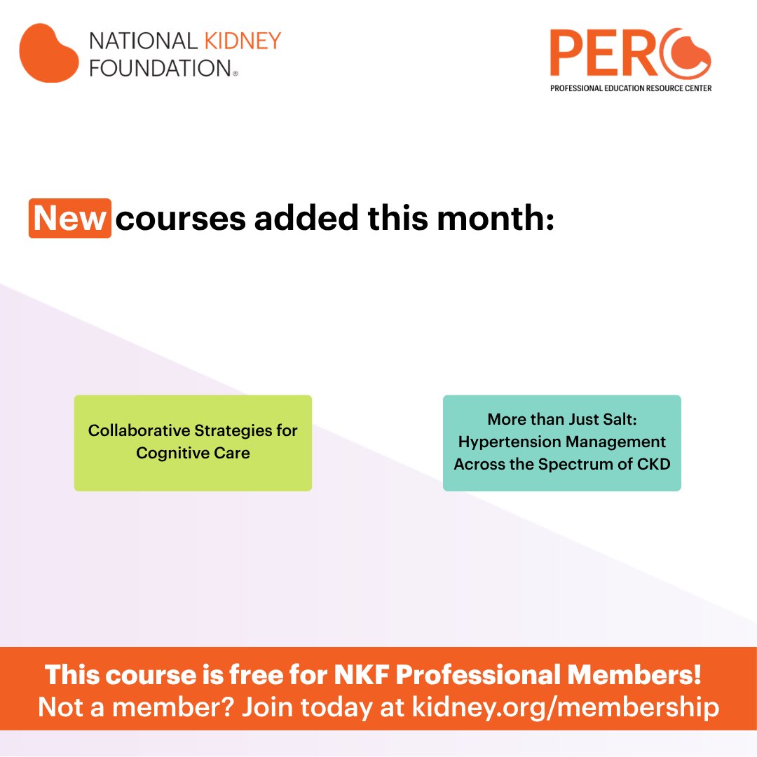 NKF_NephPros's tweet image. Two powerful courses just added to PERC this month
• Collaborative Strategies for Cognitive Care
• Hypertension Management Across the Spectrum of CKD

bit.ly/3Zdbk0b

Free for NKF Professional Members

#KidneyHealth #CPD #Nephrology