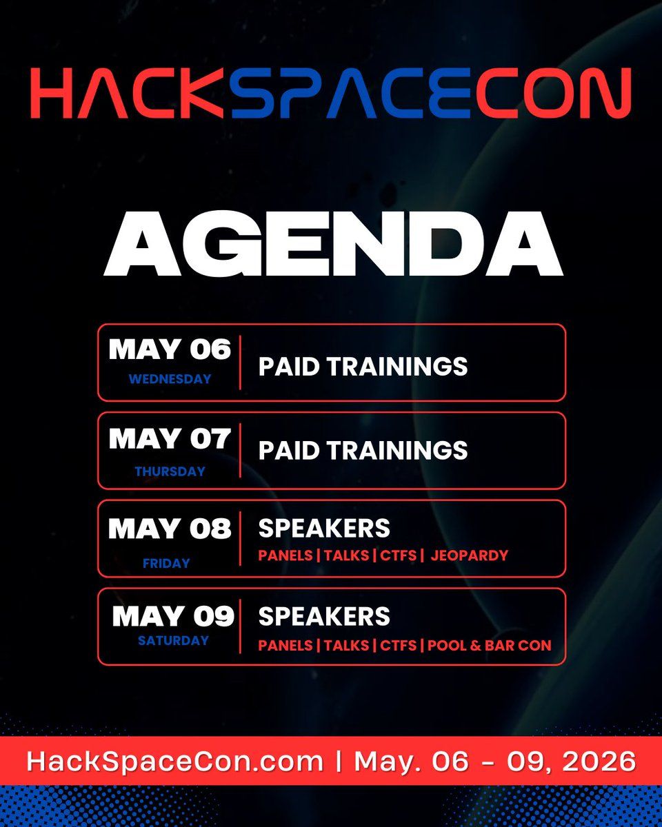 HackSpaceCon's tweet image. The agenda is now available.
Workshops, talks, CTFs and networking all in one place.
Check the schedule and get ready for what’s coming. zurl.co/a7dvw 
#hackspacecon #education #cybersec #space #spacesecurity #cyber #nasa #cybersecurity #infosec #events