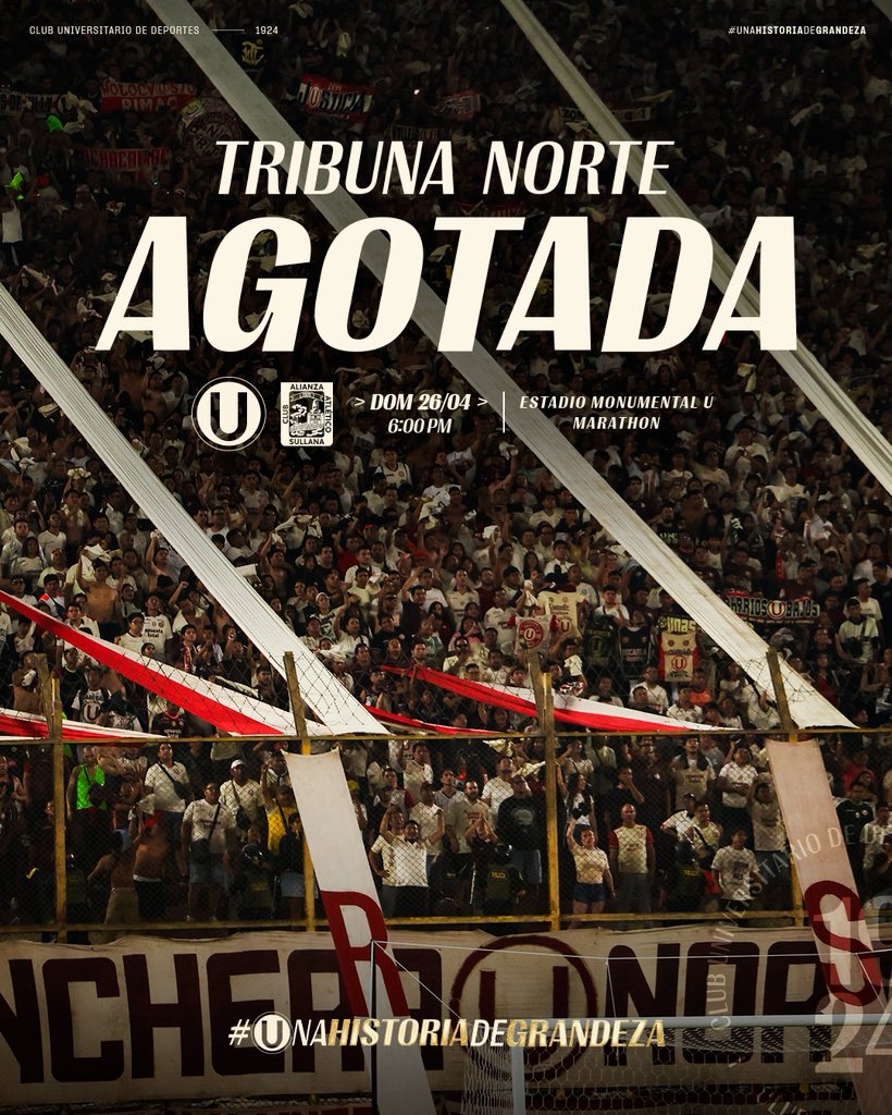 Ⓤ𝗡 𝗔𝗠𝗢𝗥 𝗜𝗡𝗖𝗢𝗡𝗗𝗜𝗖𝗜𝗢𝗡𝗔𝗟 💛❤️

Agotamos todas las entradas a la tribuna norte para nuestro partido de este domingo ante Alianza Atlético en el <a href="/Monumental_U_/">Estadio Monumental Ⓤ Marathon</a> 

🎟️ Hagamos sentir nuestro aliento en todas las tribunas ▶️ tr.ee/8adnLg