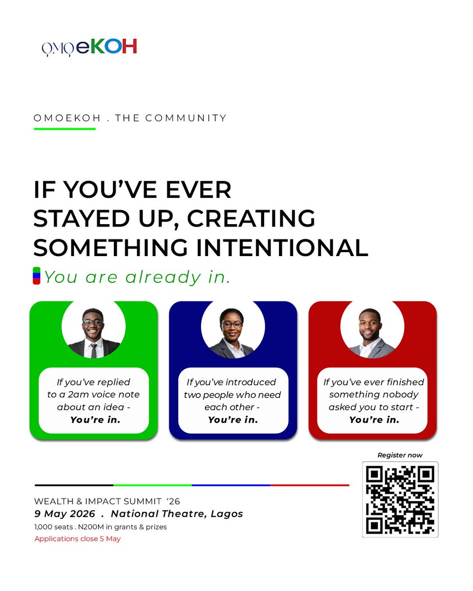 omoeKOH's tweet photo. Founders from Yaba. Creatives from Lekki. Farmers from Badagry. 

All Sectors.

All applying for the same stage. 

1,000 seats · ₦200M · May 9 · National Theatre.

The room is filling up. Where is your seat? 

Link in bio to register!