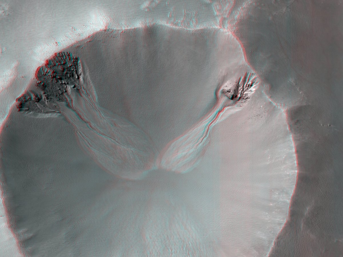 HiRISE's tweet image. HiRISE 3D: Gullies in a Crater in Aonia Terra
This small crater has fairly large gullies cut into a deep mantle and here, shows a curiously beautiful symmetry.

uahirise.org/anaglyph/ESP_0…
NASA/JPL-Caltech/University of Arizona
#Mars #NASA #science