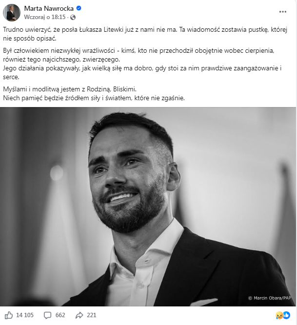 Wzruszające wspomnienie posła Łukasza Litewki ze strony Pierwszej Damy RP, Marty Nawrockiej.

Współpracowali ze sobą próbując wypracować rozwiązania po aferze z kaźnią dla zwierząt w Sobolewie.

Poseł Litewka bronił także Pierwszej Damy przed hejtem i pogardą Salonu III RP.