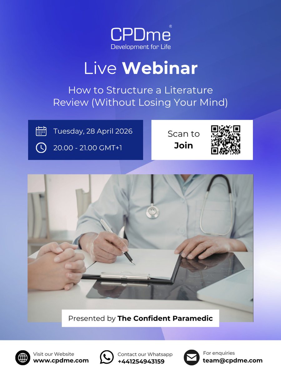 cpdme's tweet image. 🔔 Live Webinar Alert

How to Structure a Literature Review 
🎙️ Presented by The Confident Paramedic
🗓️ Tuesday, 28 April 2026
⏰ 20:00 - 21:00

🎟️ Register here
dashboard.cpdcloud.co.uk/calendar

🌟 Download Our Mobile App &amp;amp; Get 14-day Trial
onelink.to/a3x5gq

#CPDme #CPD #CPDonline